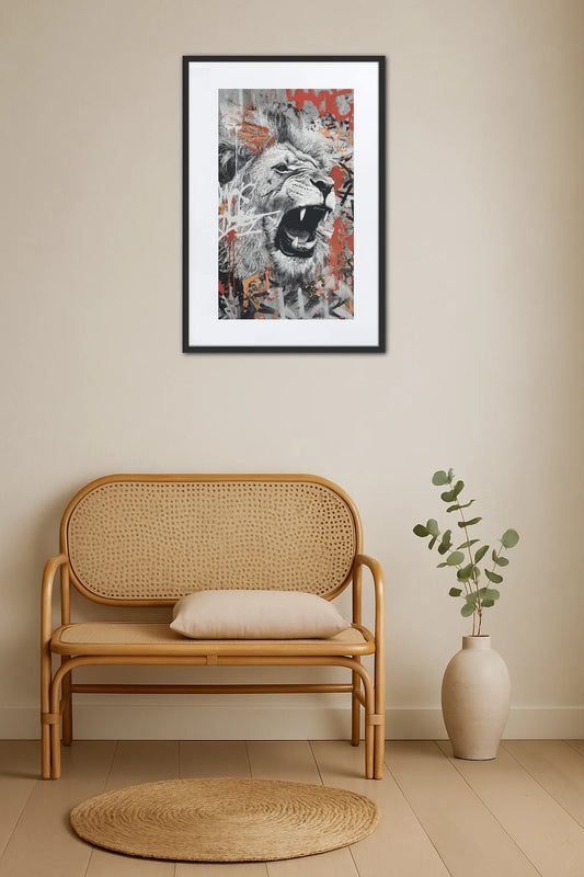 Tableau lion style graffiti au-dessus d’un banc en rotin avec coussin et plante dans un vase sur le sol
