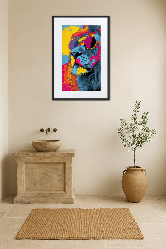 Tableau lion pop art avec lunettes accroché au-dessus d’un meuble avec vasque en pierre et plante en pot