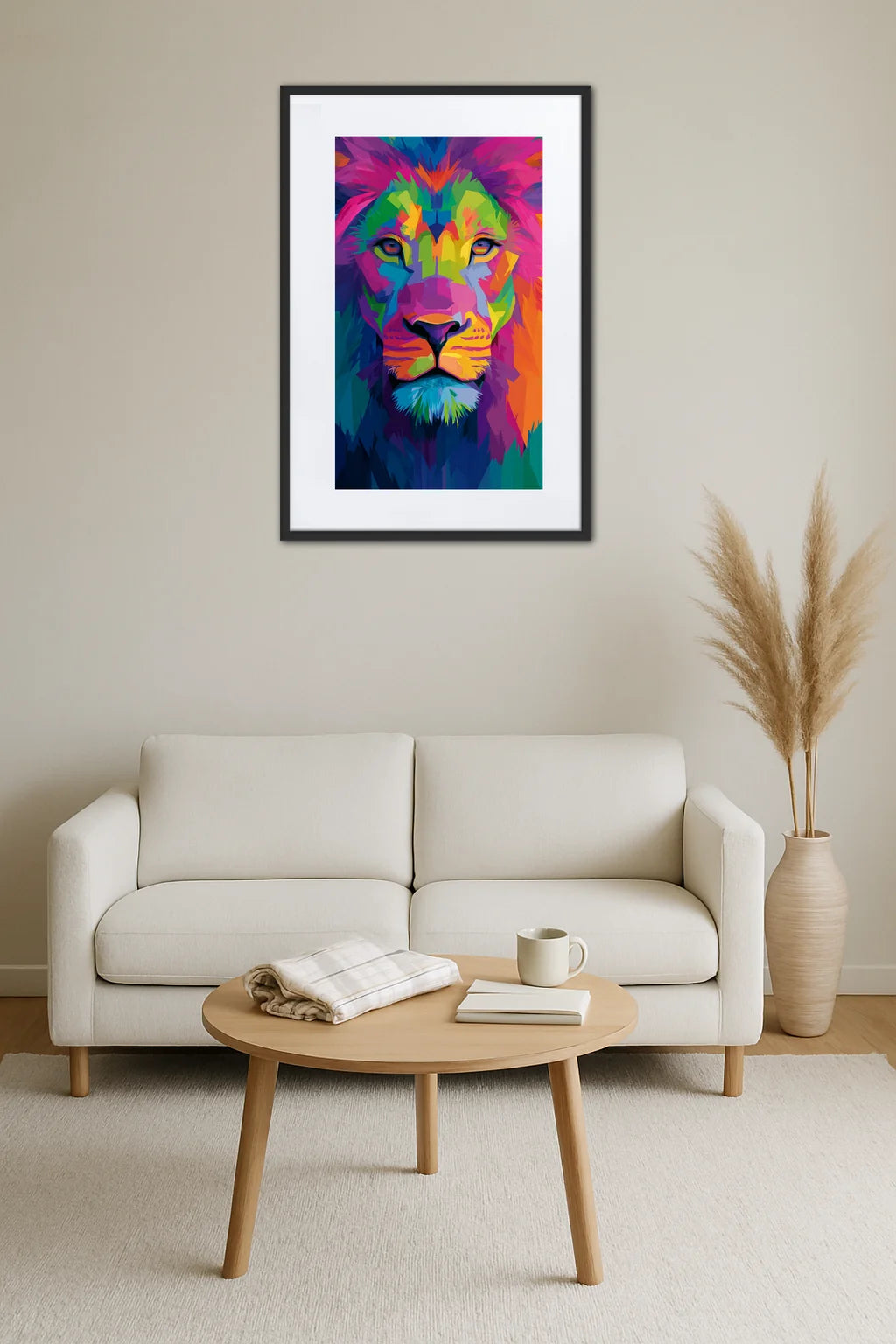 Tableau lion multicolore au-dessus d’un canapé avec table basse en bois, tasse et vase avec herbes séchées