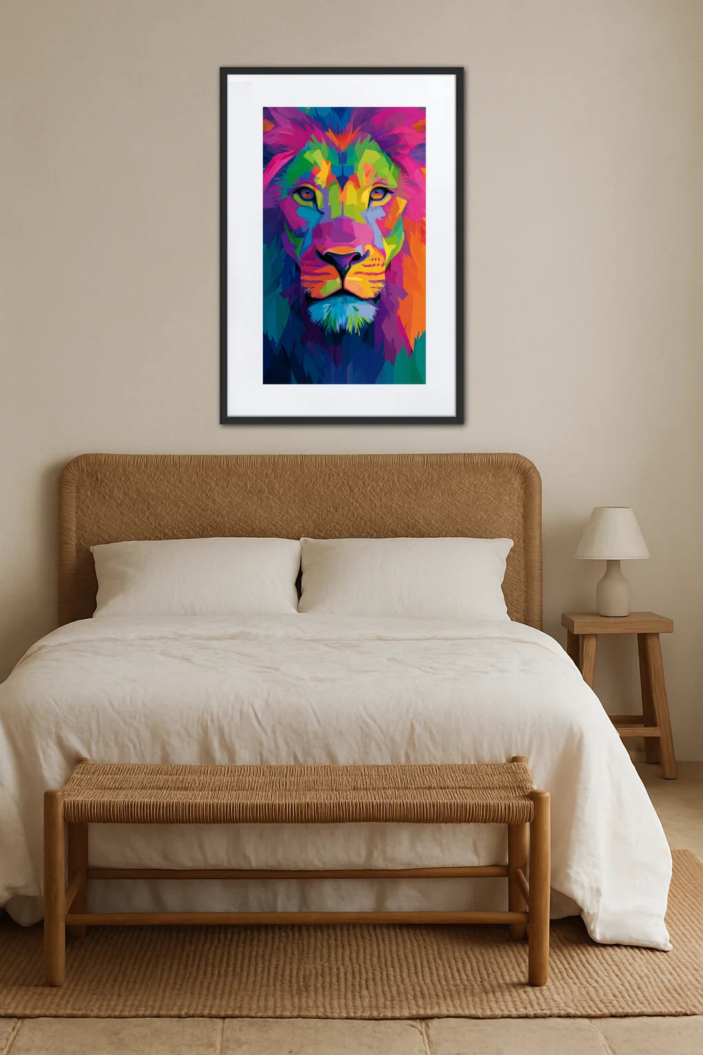 Tableau lion multicolore accroché au-dessus d’un lit avec banc en bois au pied et table de chevet avec lampe