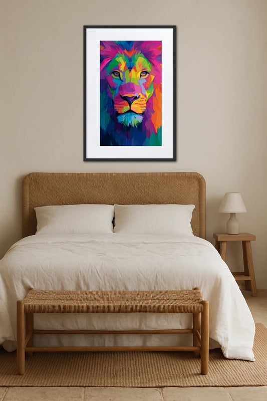 Tableau lion multicolore accroché au-dessus d’un lit avec banc en bois au pied et table de chevet avec lampe