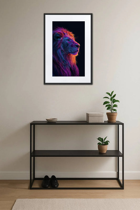 Tableau lion pop art néon lumineux dans une entrée moderne avec console noire