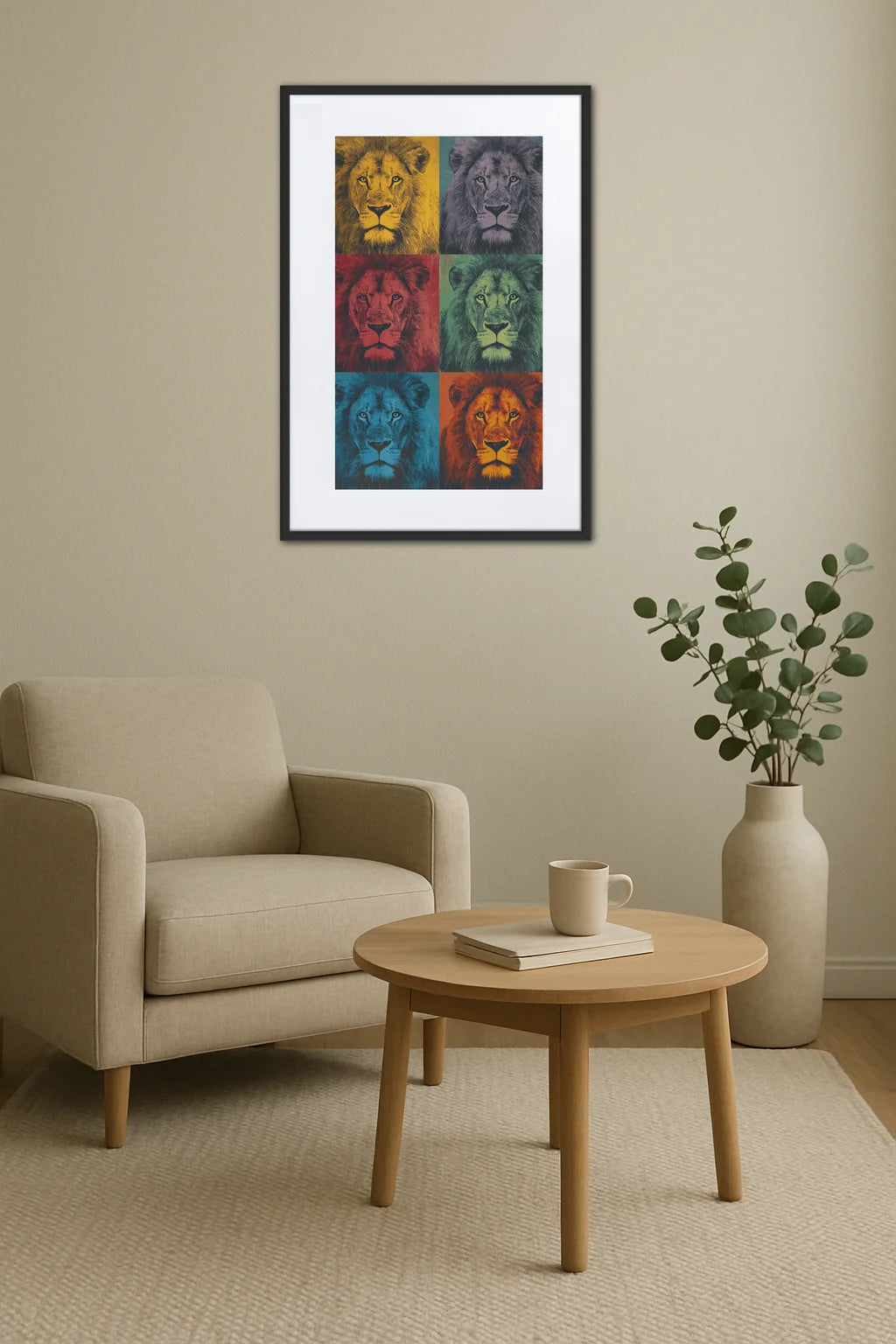Tableau lion pop art répétition multicolore au-dessus d’un canapé dans un salon moderne