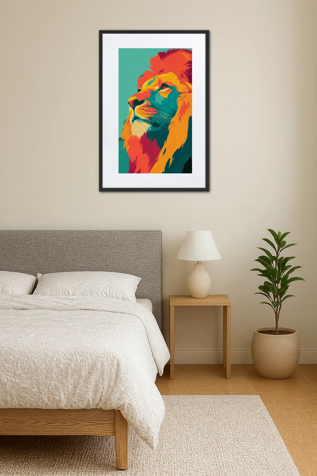 Tableau lion pop art rétro accroché au-dessus d’un lit avec table de chevet, lampe et plante en pot