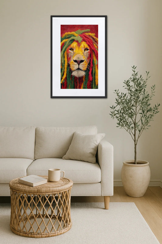 Tableau lion rasta au-dessus d’un canapé dans un salon bohème avec table en rotin et plante