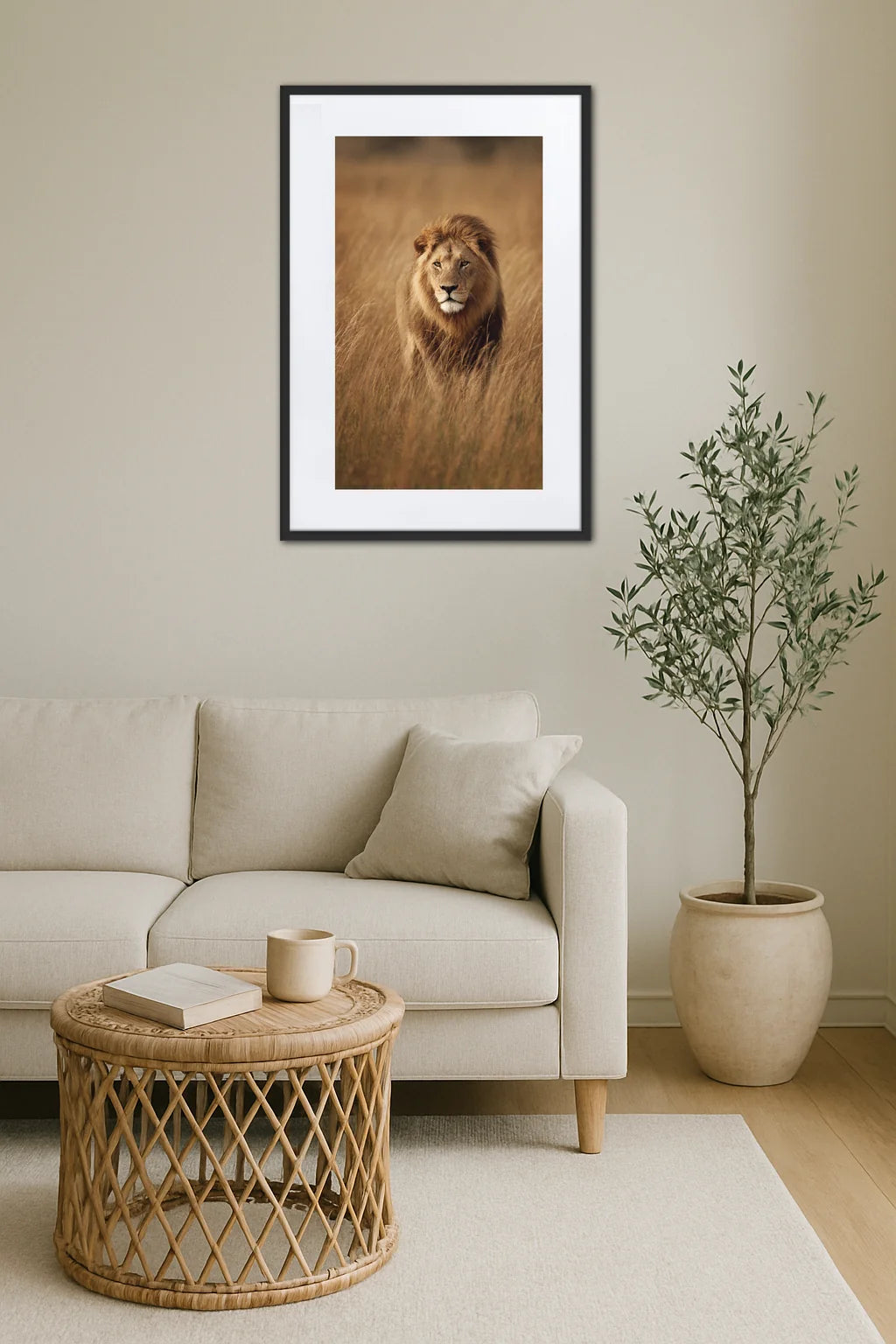 Tableau lion savane dans un salon minimaliste avec table en rotin et plante décorative