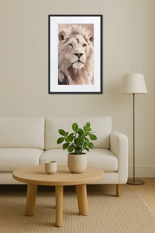 Tableau lion beige dans un salon minimaliste avec canapé clair et table basse ronde