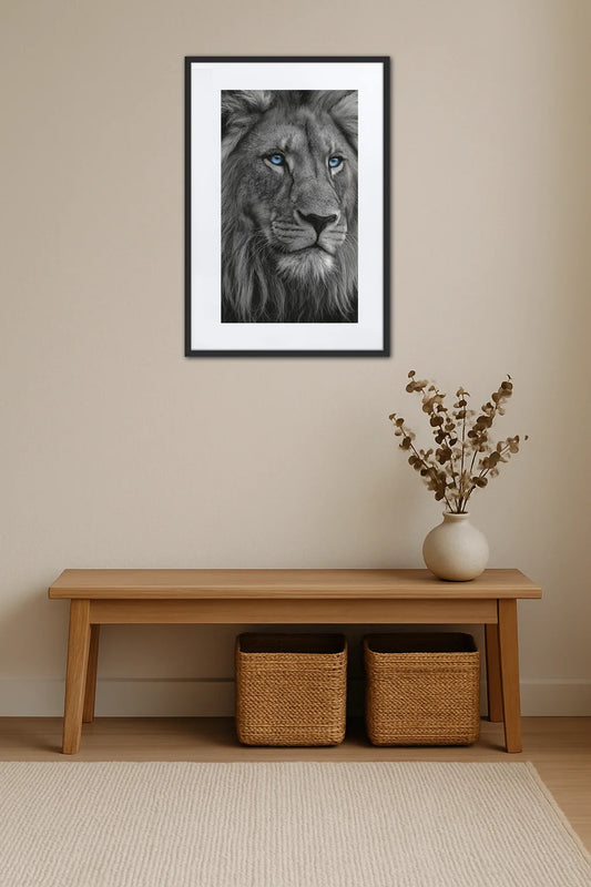 Tableau lion yeux bleu dans un salon moderne avec mur foncé et fauteuil en cuir