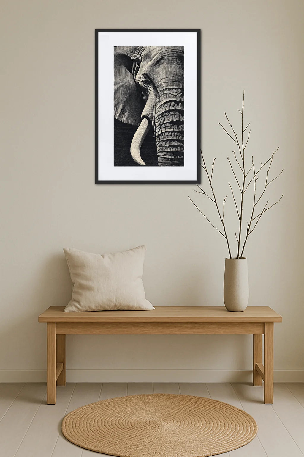 Tableau portrait éléphant noir et blanc avec défense et texture détaillée expressive