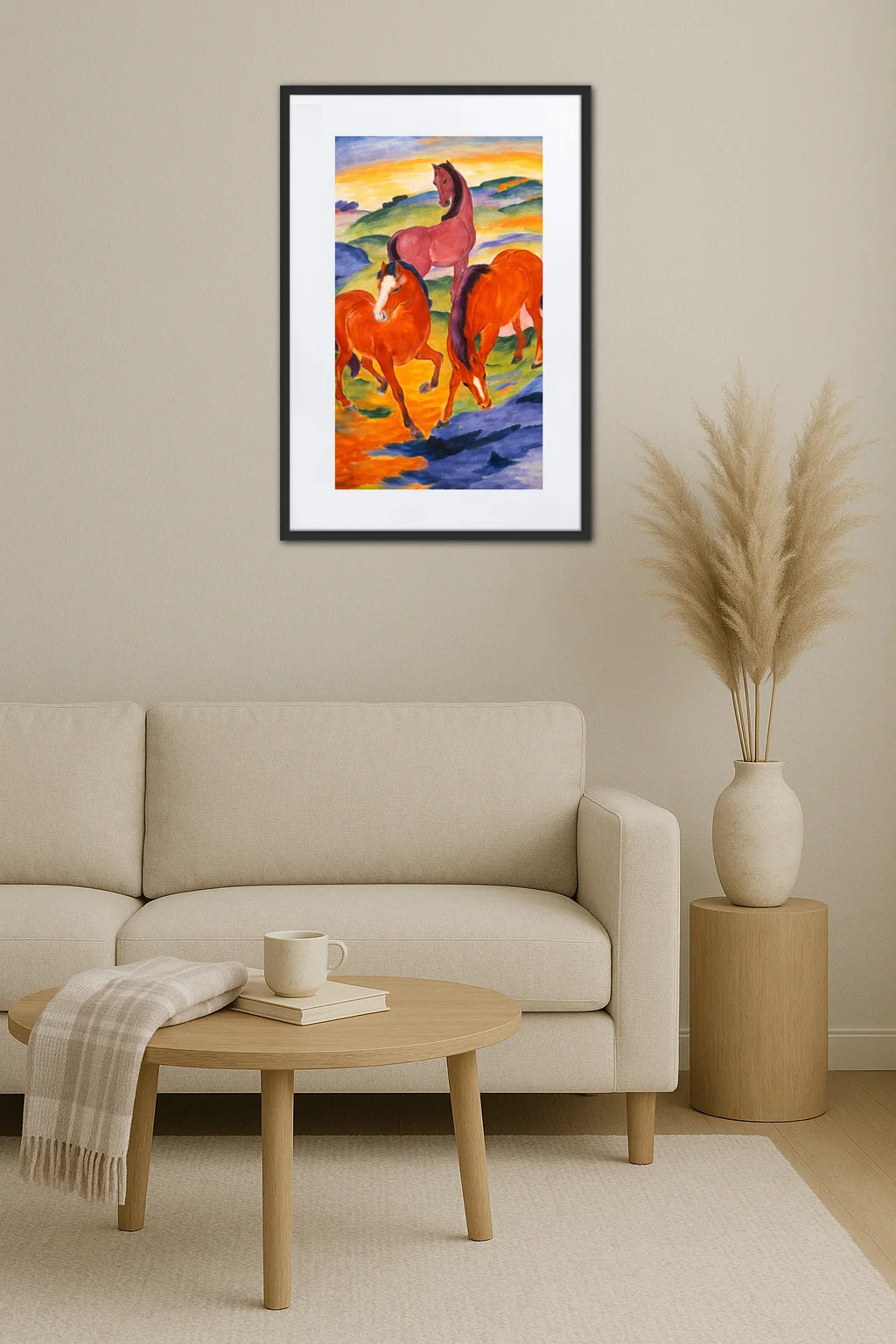 tableau rouge avec chevaux accroché au mur au-dessus d’un canapé beige