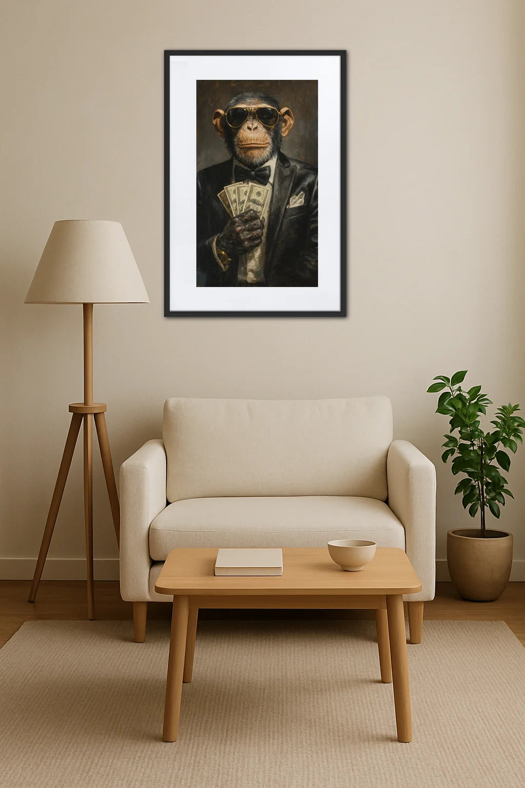 tableau singe en costume avec lunettes tenant des billets au dessus d’un canapé beige avec table basse et lampe