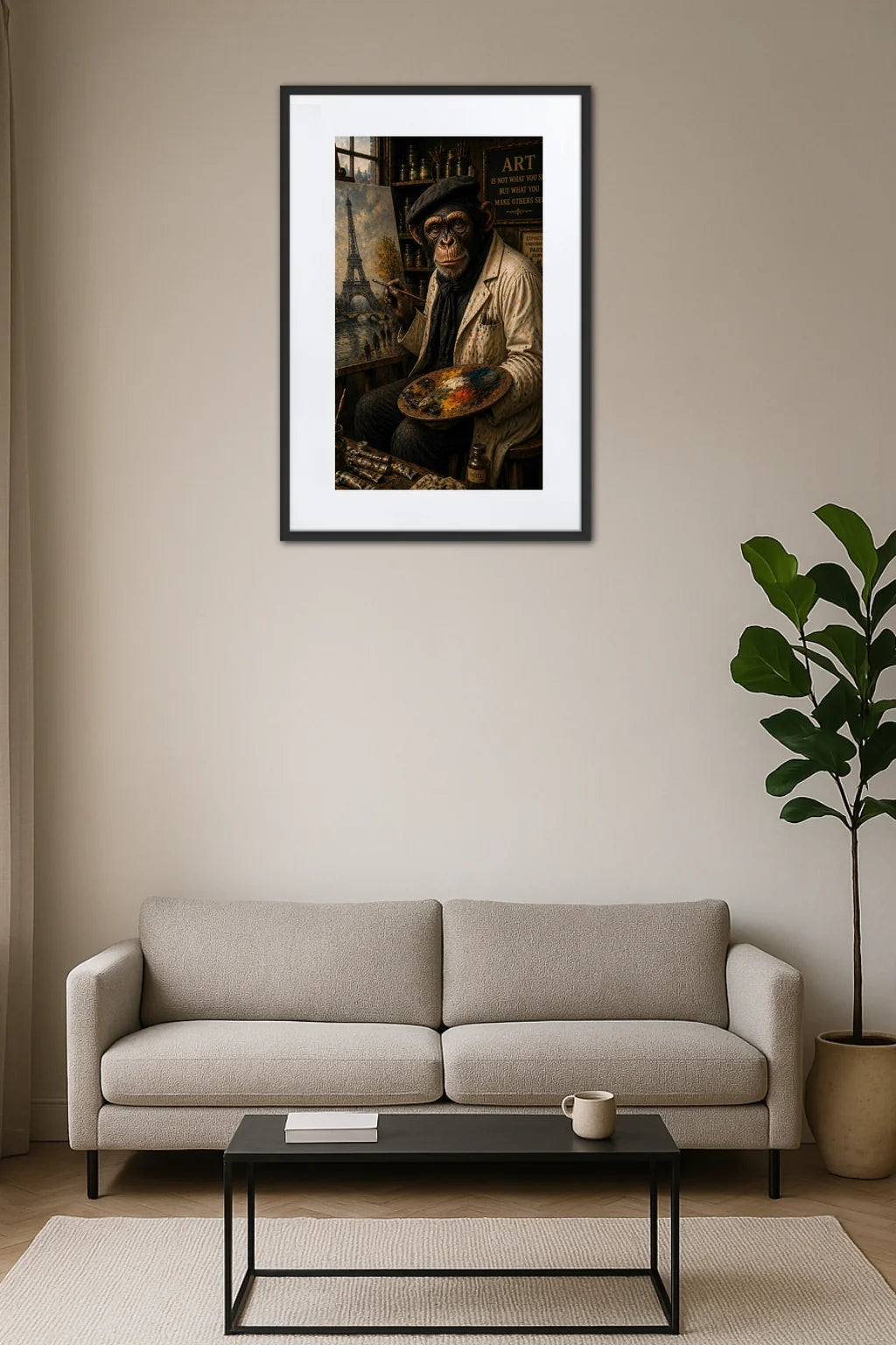 tableau singe artiste peintre avec palette devant la tour eiffel au dessus d’un canapé avec table basse noire