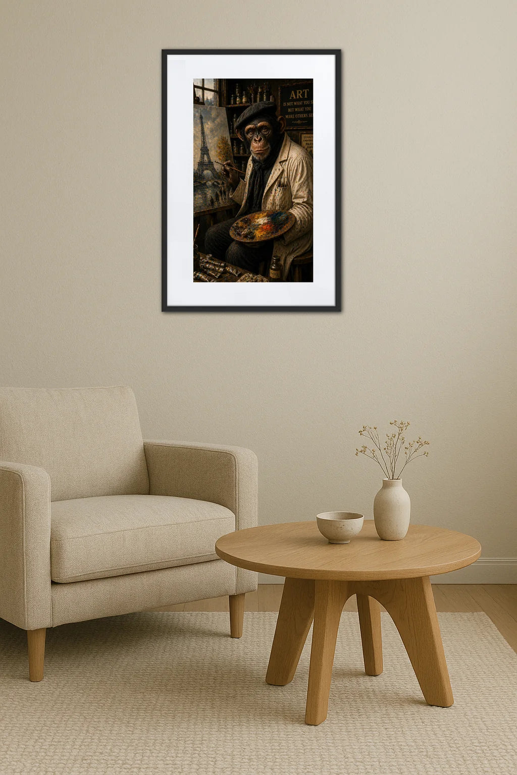 tableau singe peintre avec palette et toile au dessus d’un fauteuil avec table basse en bois clair