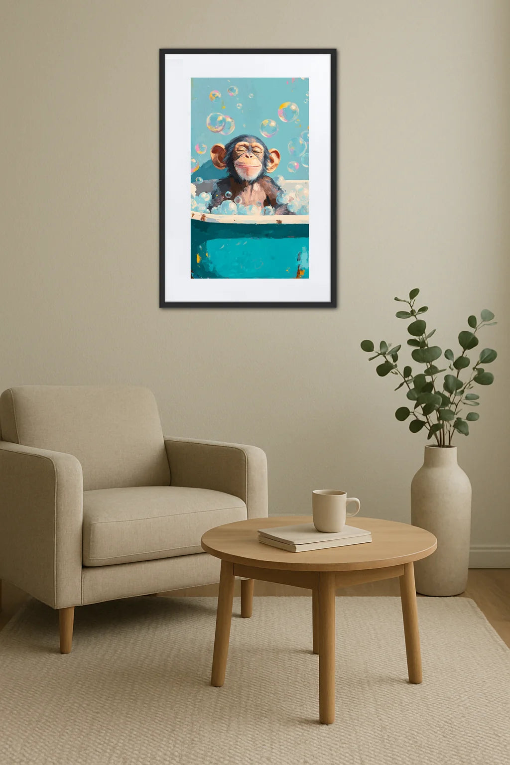 tableau singe dans une baignoire avec bulles au dessus d’un fauteuil avec table basse ronde en bois