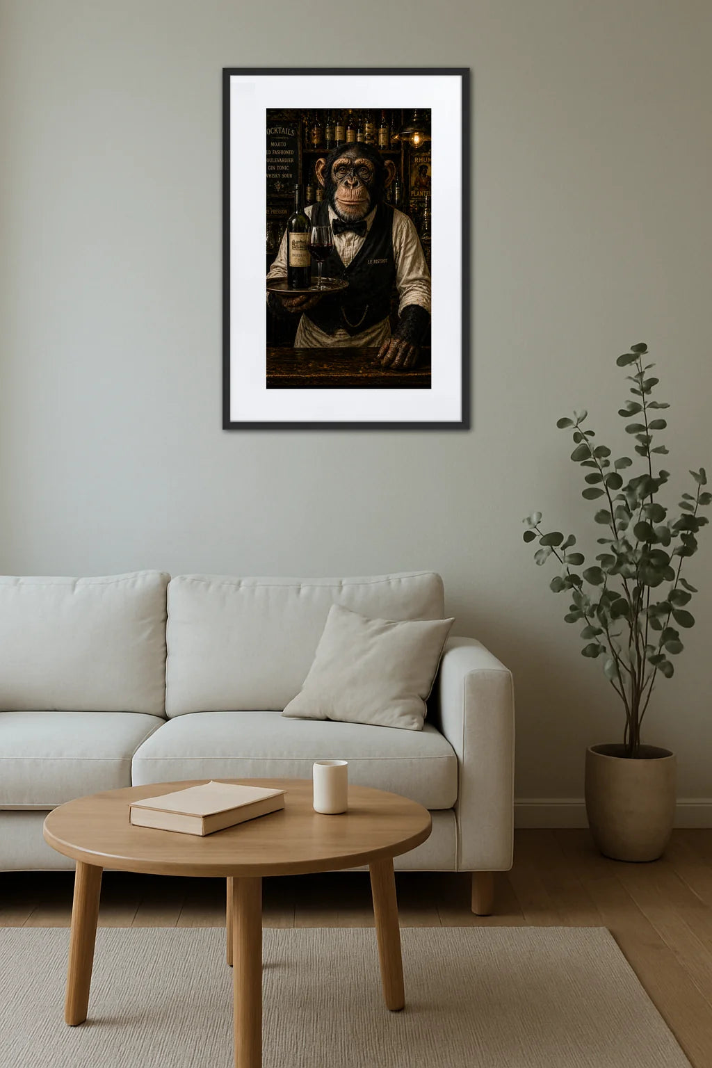 tableau singe barman avec plateau et verre de vin au dessus d’un canapé beige avec table basse ronde en bois et plante