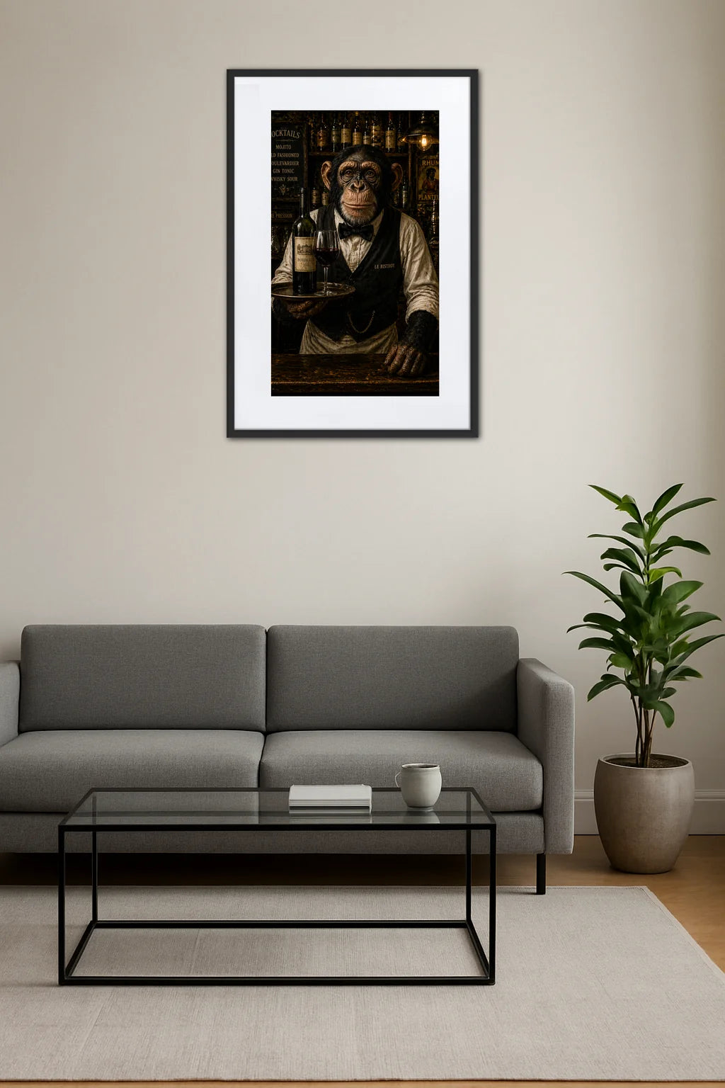 tableau singe serveur de bar tenant un verre de vin et une bouteille au dessus d’un canapé gris avec table basse en verre