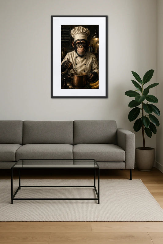 tableau singe cuisinier en tenue de chef mélangeant une casserole au dessus d’un canapé gris avec table basse en verre et plante verte