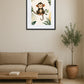 tableau singe enfant assis sur une branche avec feuilles tropicales au dessus d’un banc en bois avec coussin et plante