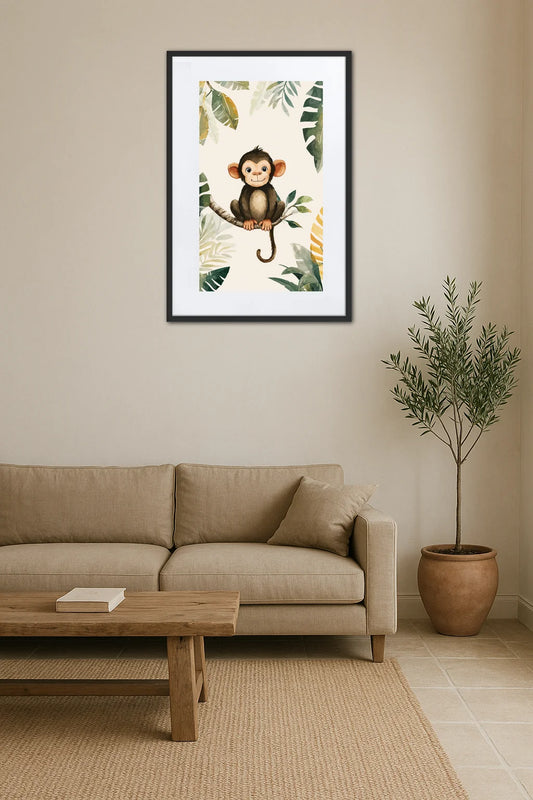 tableau singe enfant assis sur une branche avec feuilles tropicales au dessus d’un banc en bois avec coussin et plante