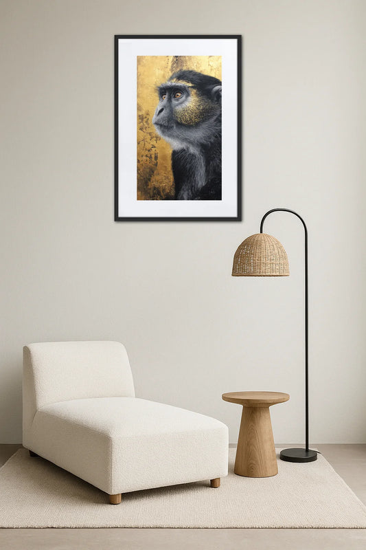tableau singe coloré style graffiti avec peinture éclaboussée au dessus d’un canapé beige avec table ronde et plante