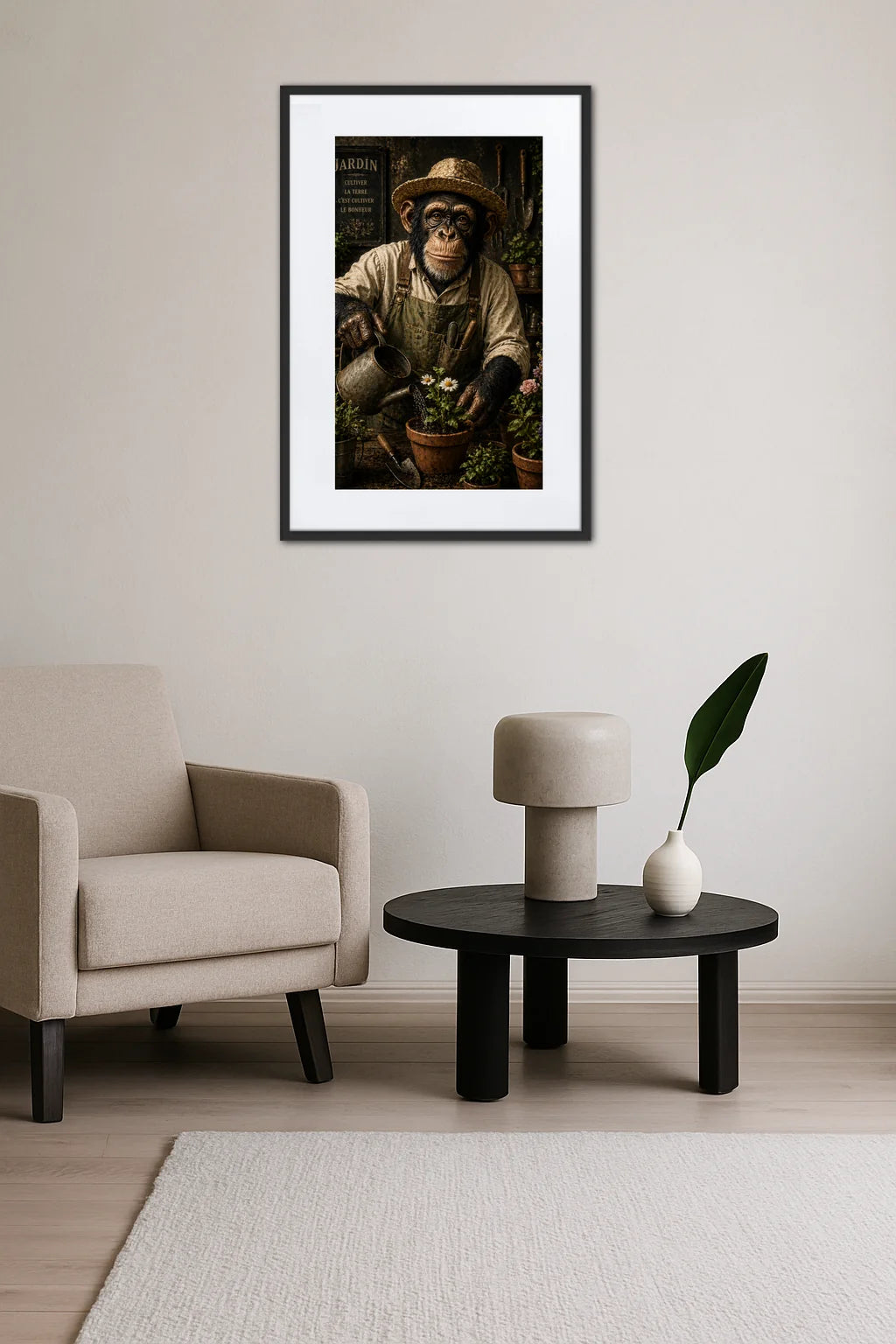 tableau singe jardinier avec chapeau arrosant des plantes au dessus d’un salon avec fauteuil beige et table basse noire