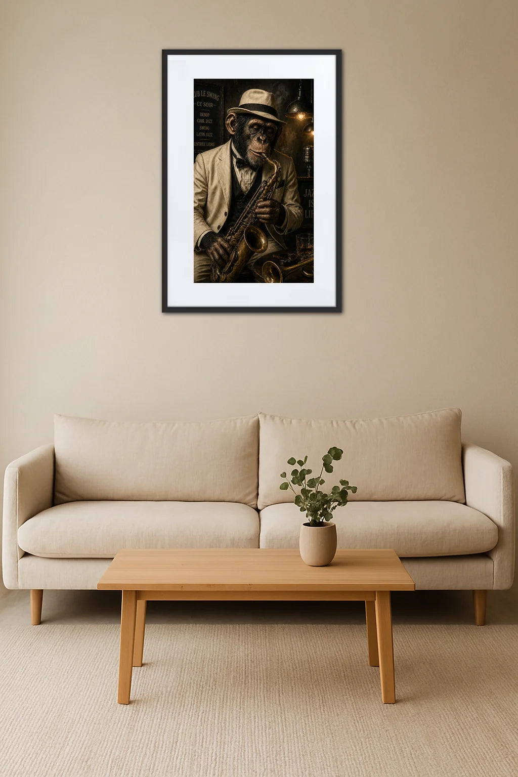 tableau singe jazz jouant du saxophone au dessus d’un canapé avec table basse en bois