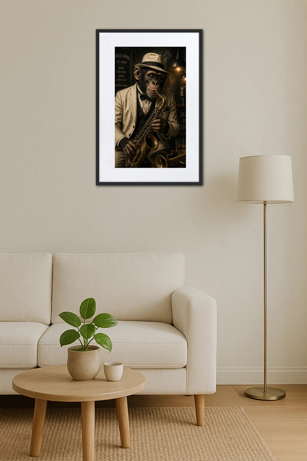 tableau singe jazz avec saxophone au dessus d’un canapé avec lampe sur pied et table basse