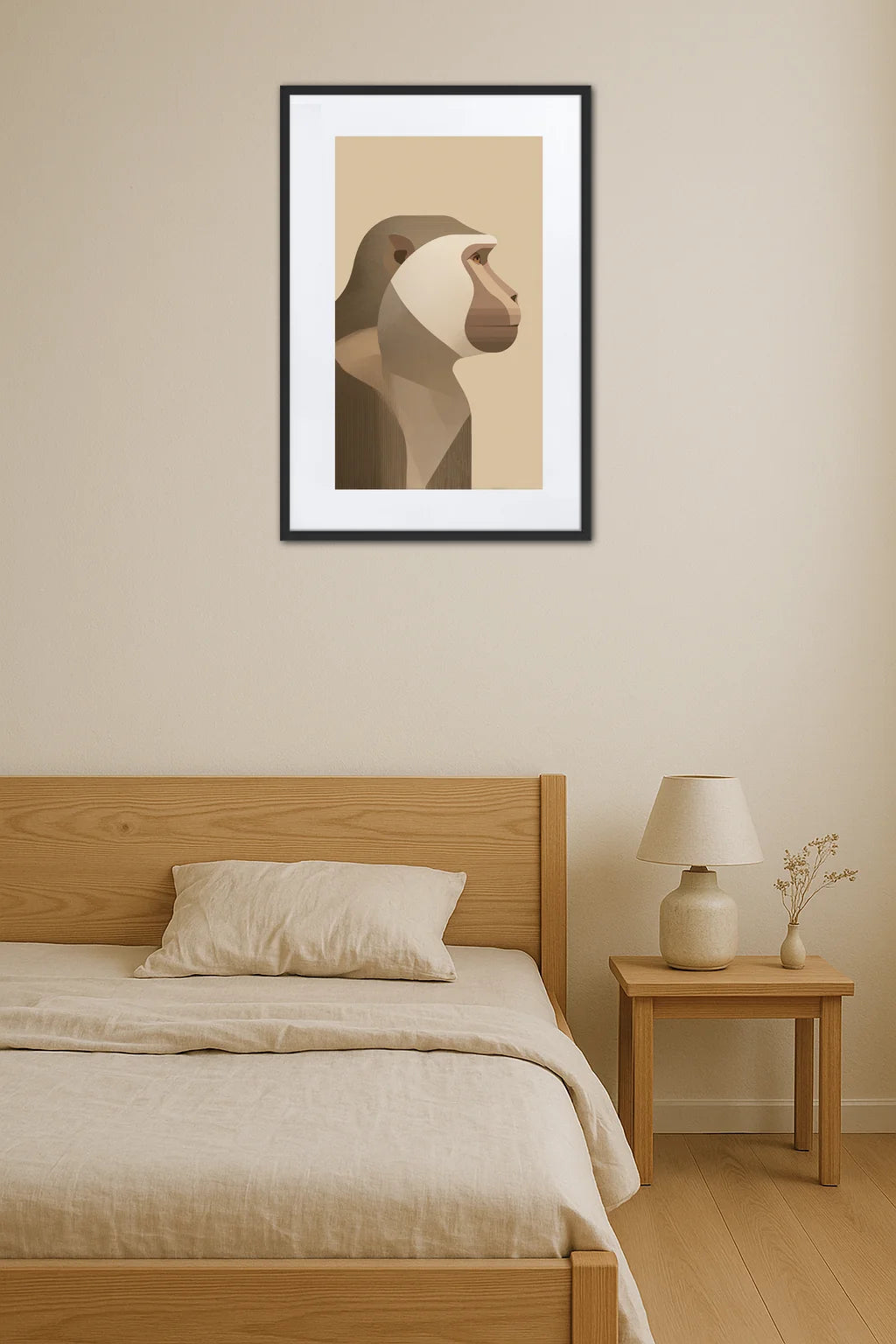 tableau singe moderne minimaliste en profil au dessus d’un lit en bois avec table de chevet et lampe beige