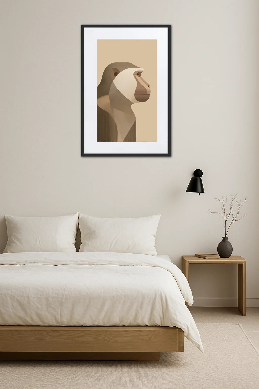 tableau singe moderne style minimaliste en profil au dessus d’un lit avec table de chevet bois, lampe murale noire et décoration épurée