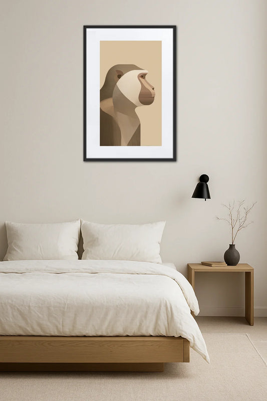 tableau singe moderne style minimaliste en profil au dessus d’un lit avec table de chevet bois, lampe murale noire et décoration épurée