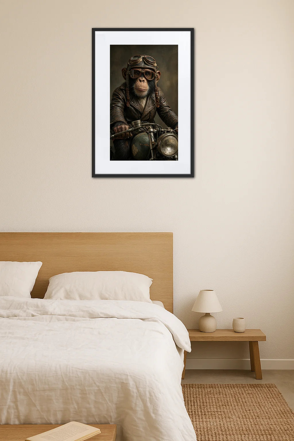 tableau singe pilote moto vintage avec lunettes au dessus d’un lit dans une chambre minimaliste en bois clair