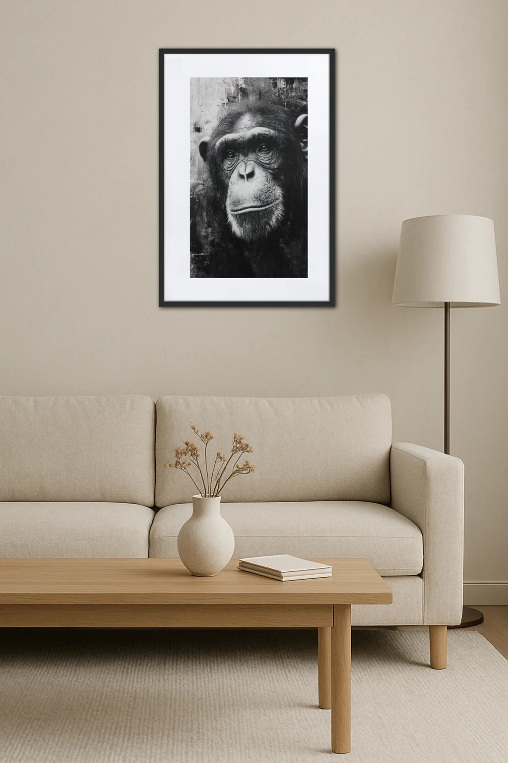 tableau singe noir et blanc style portrait artistique accroché au dessus d’un canapé dans un salon minimaliste avec table basse en bois