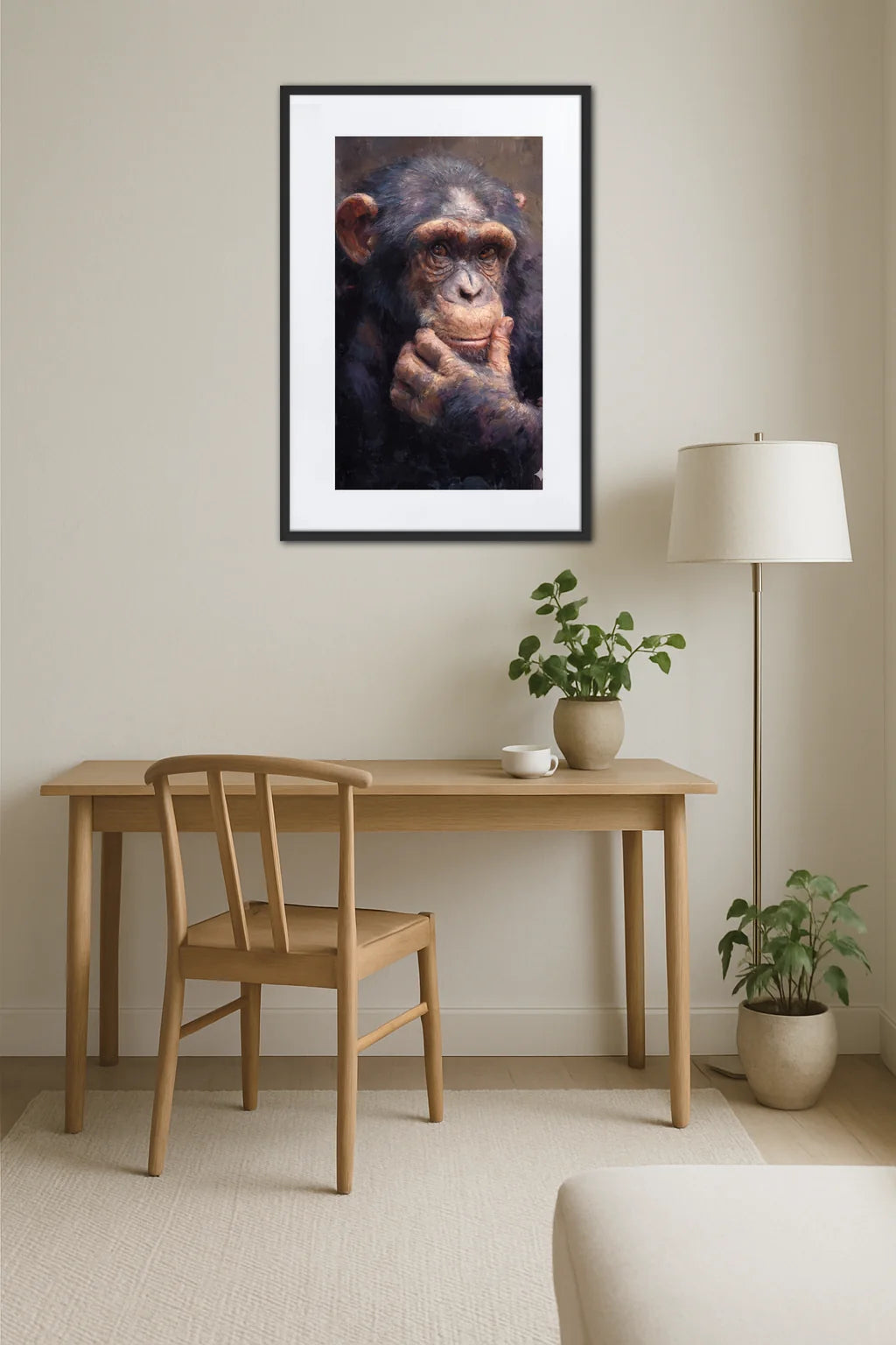 tableau singe penseur style peinture réaliste au dessus d’un bureau en bois avec chaise et lampe dans un intérieur scandinave