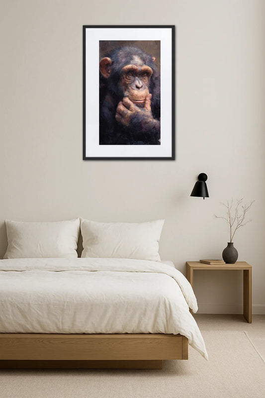 tableau singe en position de réflexion au dessus d’un lit dans une chambre minimaliste avec table de chevet et lampe design