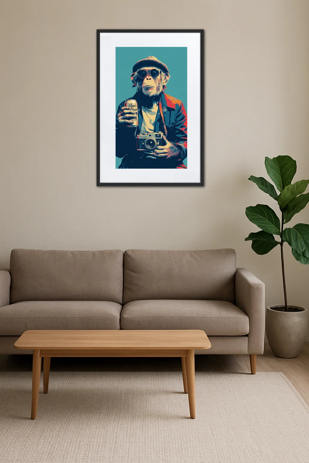 tableau singe pop art avec appareil photo au dessus d’un canapé avec plante