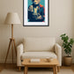 tableau singe pop art avec appareil photo au dessus d’un fauteuil avec lampe et plante