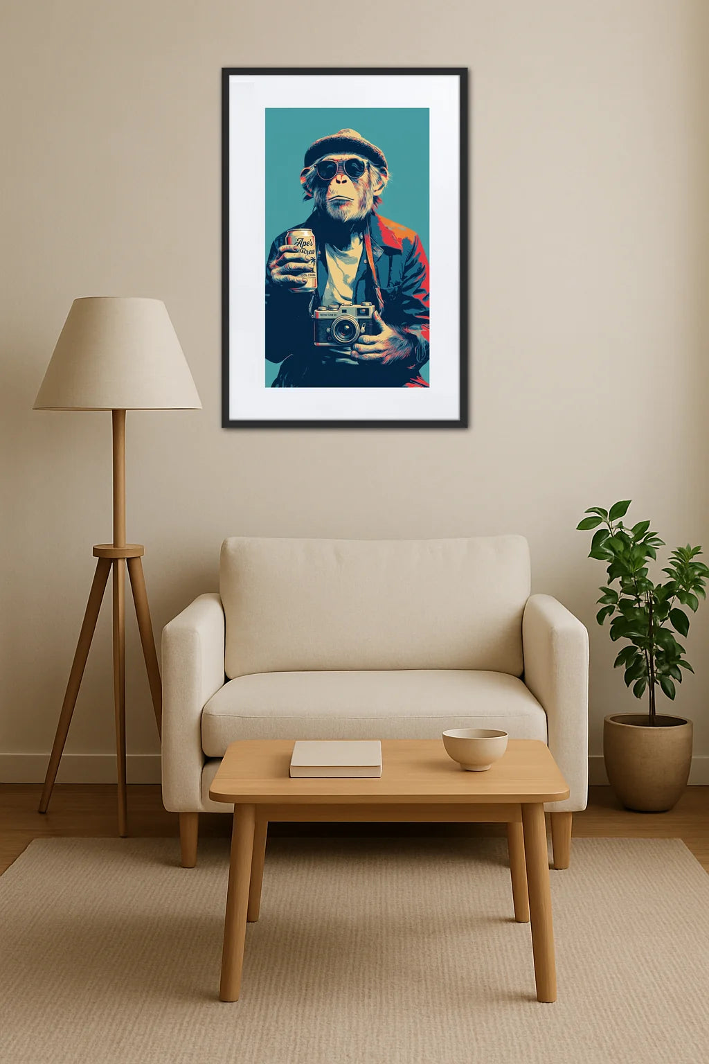 tableau singe pop art avec appareil photo au dessus d’un fauteuil avec lampe et plante