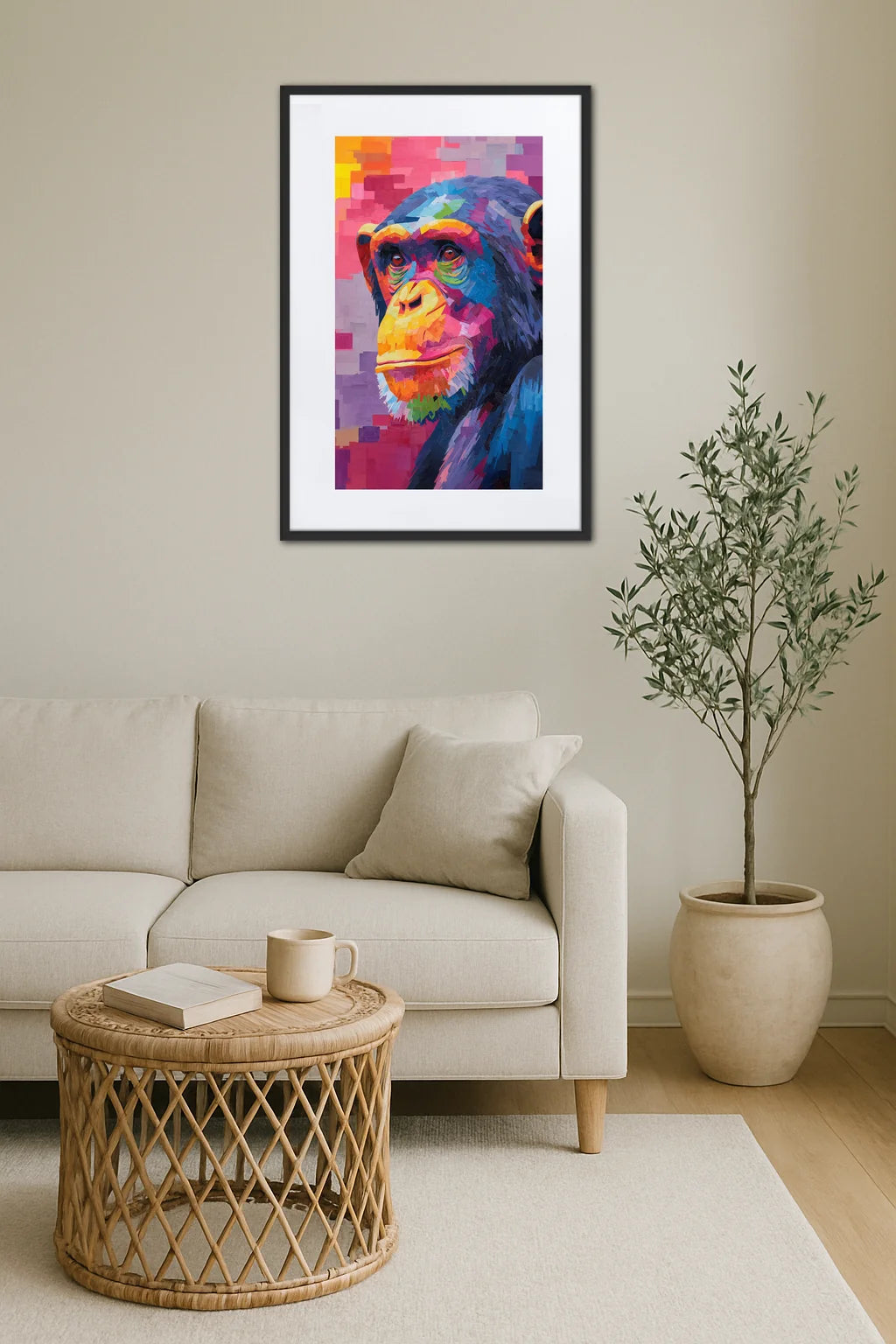 tableau singe pop art coloré au dessus d’un canapé avec plante et table basse en rotin