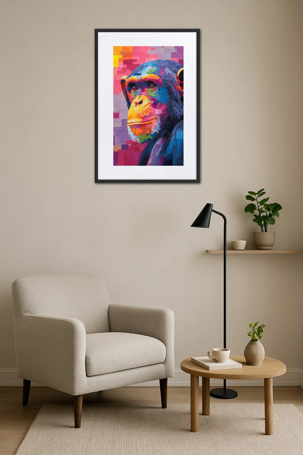 tableau singe pop art coloré au dessus d’un fauteuil avec lampe et table basse