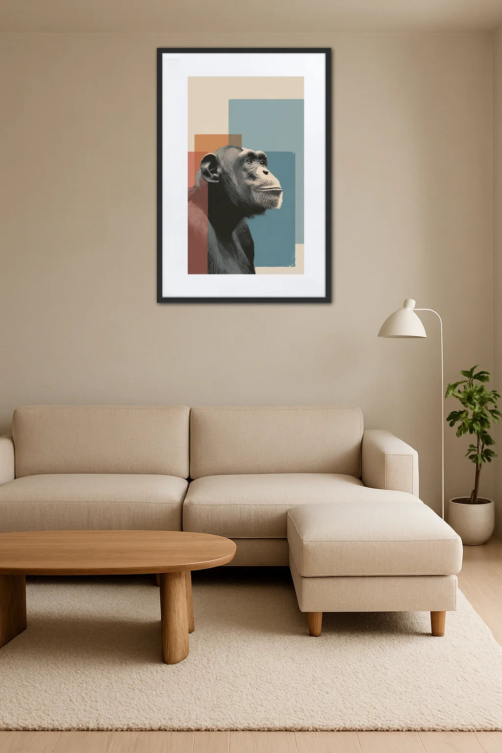 tableau singe pop art contemporain au dessus d’un banc avec plante