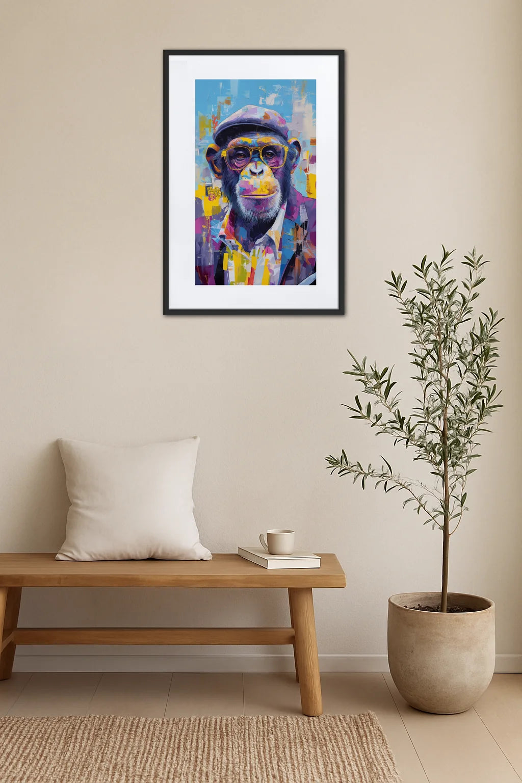 tableau singe pop art avec lunettes au dessus d’un banc avec plante