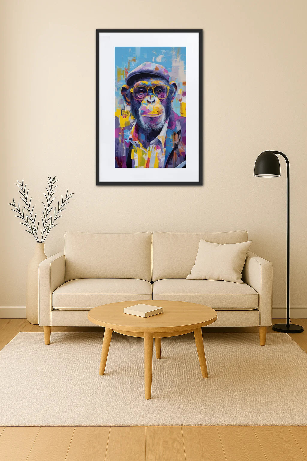 tableau singe pop art avec lunettes au dessus d’un canapé avec table basse et lampe