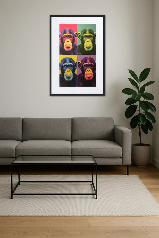 tableau singe pop art repetition au dessus d’un canapé avec table basse