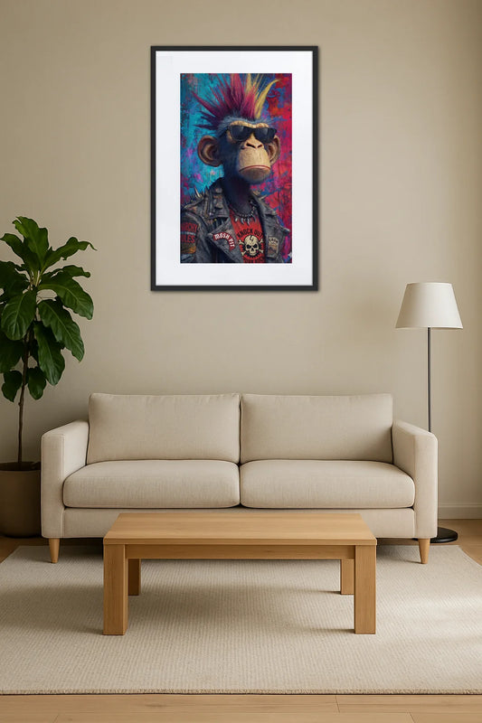 tableau singe punk rock avec veste et crête multicolore au dessus d’un canapé beige avec table basse et plante verte