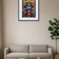 Tableau singe sourd muet aveugle street art au-dessus d’un canapé avec table basse noire dans un salon moderne