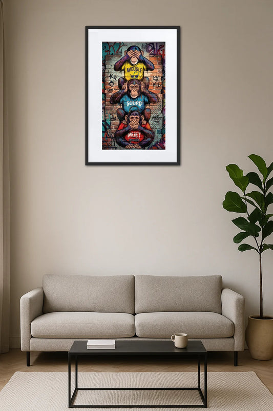 Tableau singe sourd muet aveugle street art au-dessus d’un canapé avec table basse noire dans un salon moderne