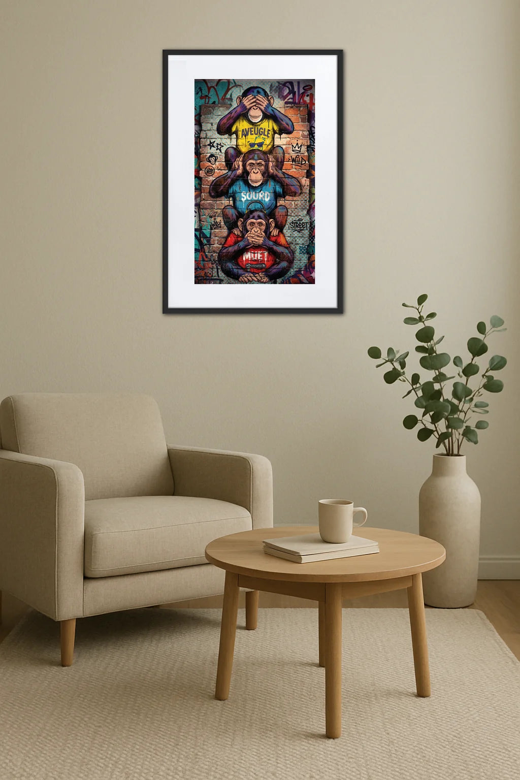 Tableau singe sourd muet aveugle style street art au-dessus d’un fauteuil avec table ronde et décoration minimaliste
