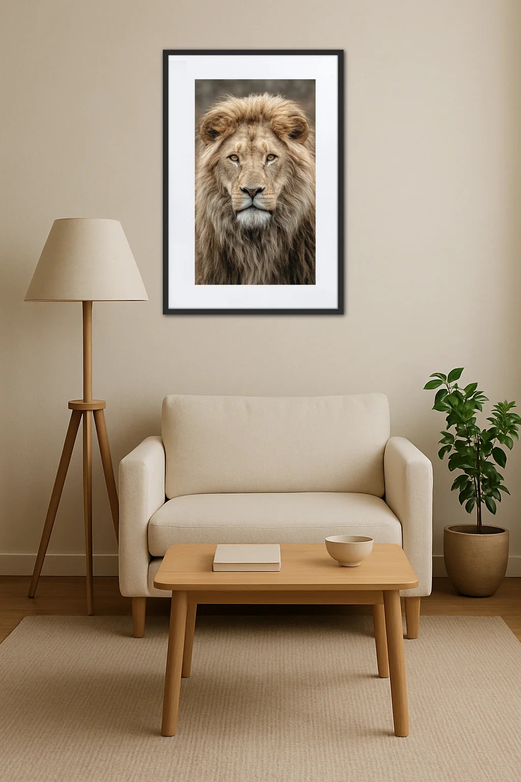 tableau tete de lion accroché au mur dans un salon minimaliste avec canapé beige et lampe sur pied