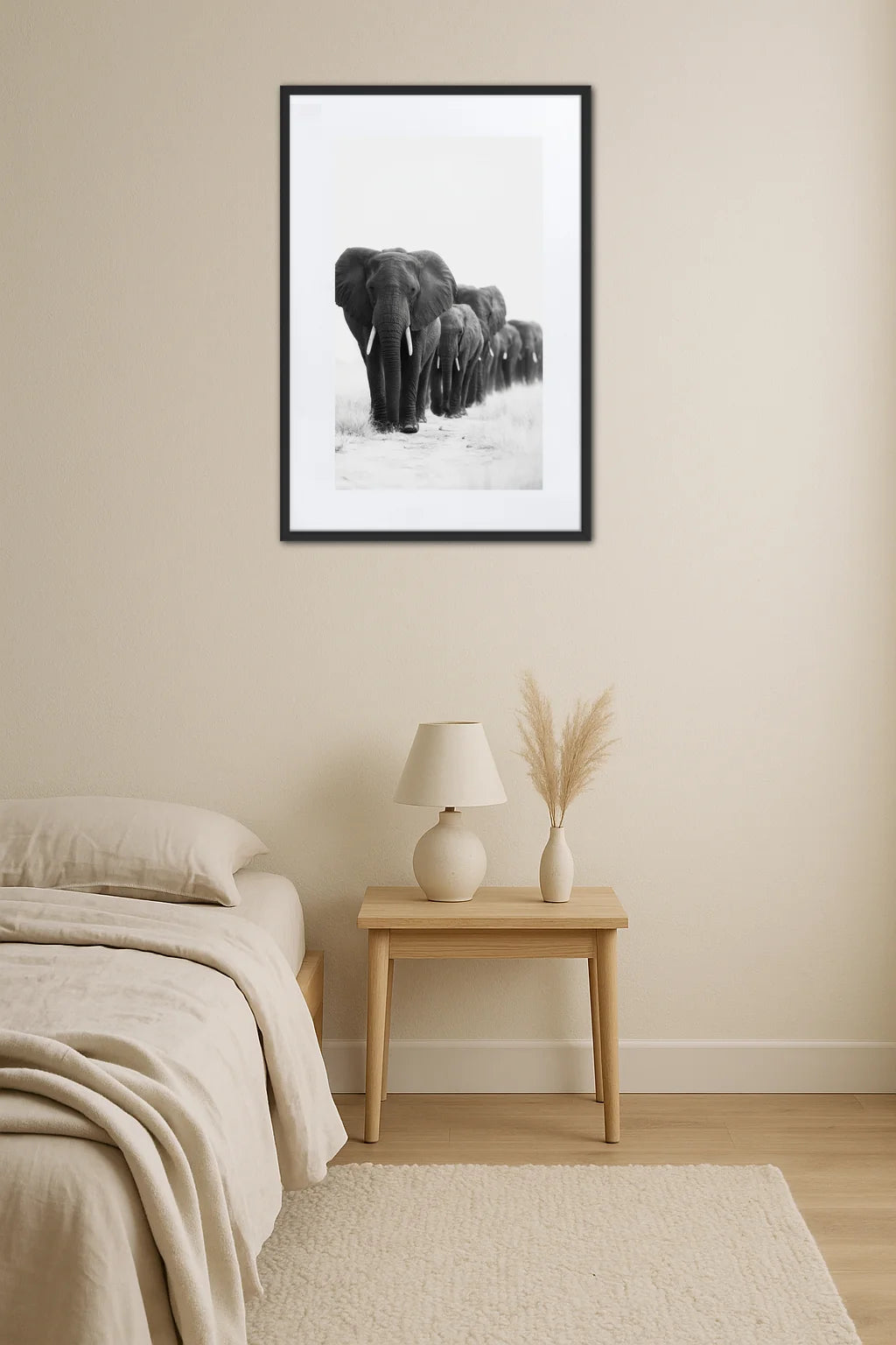 Tableau Elephant Troupeau en Noir et Blanc 