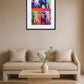 Toile éléphant pop art répétition accrochée au-dessus d’un canapé beige avec coussins, table basse en pierre et vase avec plante sur fond mural neutre